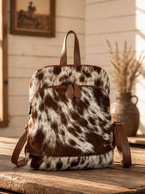Handmade Handbags - Small Cowhide Leather Backpack | Western Boho Tan Brown White Boutique Bag NWT